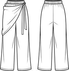 Wide-leg pants sketch, draped overlay, bow-tied waist, relaxed fit, elastic waistband, front and back view, cad drawing flat vector illustration