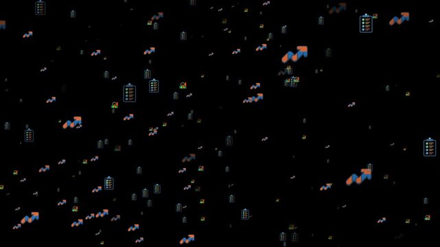 Data analysis icons floating on black background charts. Premium business icon with particles 4k animation