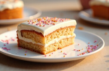 Sweet layered cake with white frosting and colorful sprinkles on a white plate