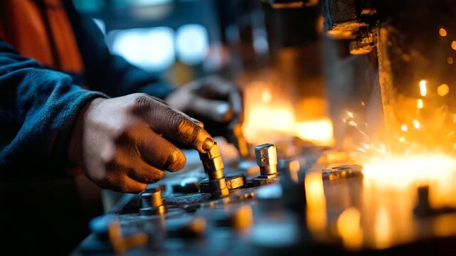 Worker&rsquo;s hands gripping abrasive regenerator controls sparks and dust flying as heavy machinery roars reflective surfaces illuminated by bright industrial light atmosphere