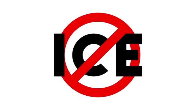 Horizontal 4K video. Red prohibition sign with black text ICE. Protest action "No Kings" against government policies and in support of democracy and immigrant rights in Los Angeles, USA at July 2025