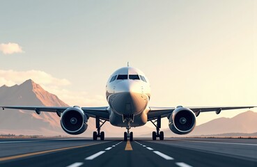 Naklejka premium A commercial airplane is positioned on a runway with mountains in the background under a clear sky