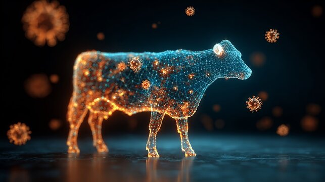 Animal poxvirus surreal glowing cow silhouette surrounded neon smallpox like viral particles veterinary science abstract
