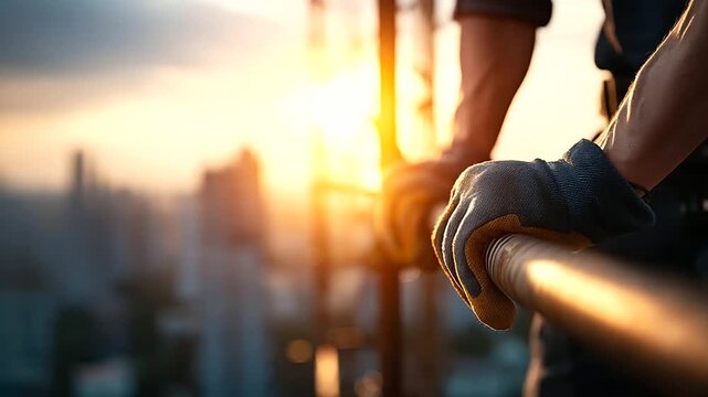 Hands of a rooftop worker gripping a tall antenna mast golden sunset light shining across polished metal city skyline softly blurred in the distance details of tools and gloves