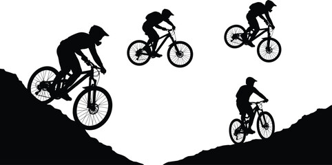 Mountain biker jumping across rugged terrain silhouette cartoon illustration, symbolic athletic motion and expressive gesture artwork for adventure design