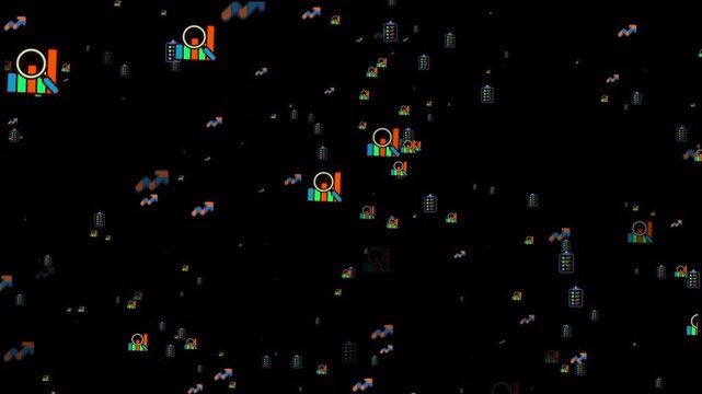 Scattered Business Icons with Upward Trends on Dark. Premium business icon with particles 4k animation