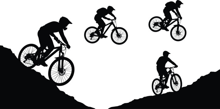 Mountain biker jumping across rugged terrain silhouette cartoon illustration, symbolic athletic motion and expressive gesture artwork for adventure design