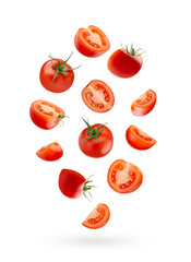 Fototapeta premium Bright red cherry tomatoes - whole, sliced levitation as swirl in art composition, isolated white background. Vegetarian diet food for detox cooking, fitness diet, advertising, label product, design.