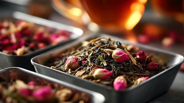 Vivid close up of mixed tea leaves rose petals and herbs carefully placed in metallic trays bright lighting capturing fine details and natural textures atmosphere of refinement