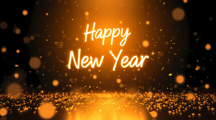 Dynamic 'Happy New Year' lights captured with long exposure and dark background. 