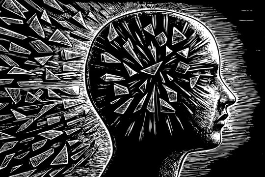 Head silhouette exploding into sharp, chaotic geometric fragments, symbolizing anxiety