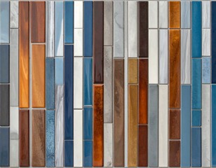 A mosaic of rectangular tiles in varying shades of blue, brown, white, and orange. The arrangement is vertical, creating a textured pattern