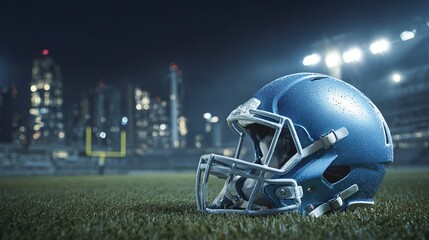 Fototapeta premium A lone football helmet sits on the green field under the stadium lights, capturing the essence of anticipation and the spirit of the game amidst the backdrop of the city skyline.