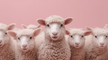 Obraz premium A charming flock of fluffy sheep stands together against a soft pink backdrop, their woolly coats and curious eyes creating a heartwarming and delightful scene.