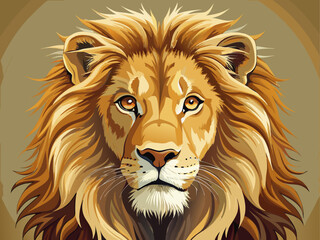 Fototapeta premium Realistic vector illustration of a majestic lion head facing forward, detailed golden fur and sharp eyes, isolated on light beige background, highly detailed digital art style