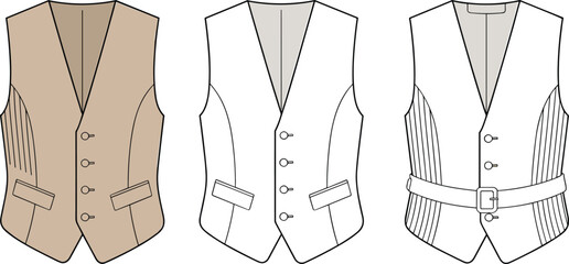 Men’s vest technical fashion drawing, pleated side panel, button front, belt detail, CAD sketch, flat vector illustration, garment design