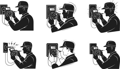 Flat vector illustration of technician using multimeter to test electrical socket and panel, showing voltage readings, sparks, hazards, safe diagnostics