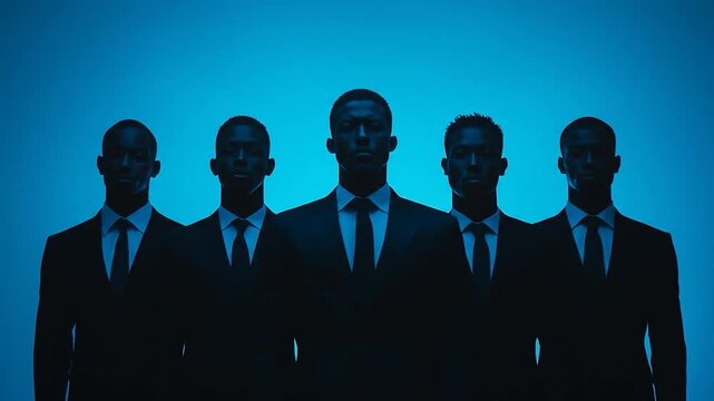 Five men in dark suits stand in silhouette against a bright blue background