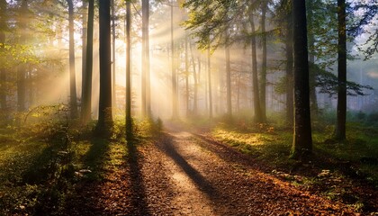 Fototapeta premium Panoramic Nature Scenery With Beautiful Sunny Mood In A Foggy Forest In Autumn With The Rays Of Sunlight Illuminating The Mist Behind The Tree Trunks Along A Path