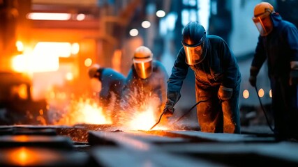 A diverse team of workers in full protective suits cleaning massive hot metal machinery sparks scattering across the scene large industrial facility glowing under intense furnace