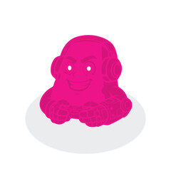 Pink Tech Mascot: A vector stylised, playful mascot personifies technology, a vibrant pink hue and a touch of edgy character, on an intriguing shape background.