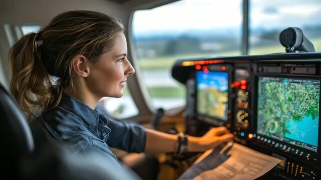 A female navigator inside a bright flight simulator with students reviewing aerial navigation charts digital panels glowing with modern displays atmosphere of aviation training