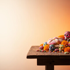 Naklejka premium Still life of pan de muerto with vibrant sugar skulls, marigolds and candies arranged on a weathered wooden table against a soft gradient background, leaving ample copy space for seasonal designs.