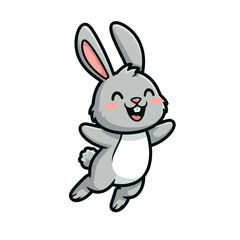 Cute gray cartoon bunny jumping happily with pink cheeks, white belly, pink ears, eyes closed, smiling wide, simple adorable vector illustration.