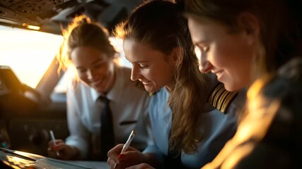 A navigator and her students discussing a flight route sunlight glinting across cockpit panels and maps engaged expressions highlighting teamwork atmosphere symbolizing