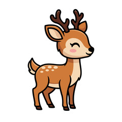Cute baby deer cartoon illustration, light brown fur with white spots, white belly, pink cheeks, small antlers, smiling expression, isolated on white.