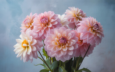 A delightful bouquet of soft pink dahlia flowers, their delicate petals creating a harmonious blend of color and texture, a charming floral arrangement