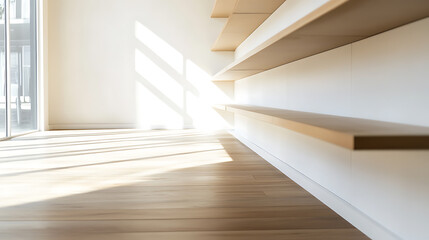 Obraz premium Bright minimalist interior with light wood floors, stark white walls, and floating shelves basking in sunlight, creating a serene and airy ambiance. Pure and clean design.