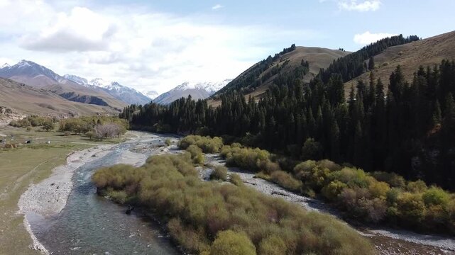 drone shot landscape with snow mountain, flowing water and forest in xinjiang, china