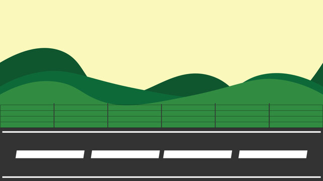 2D landscape background vector with asphalt road, fence, and green hills under a pale yellow sky. Perfect for games, web design, and creative illustration projects.