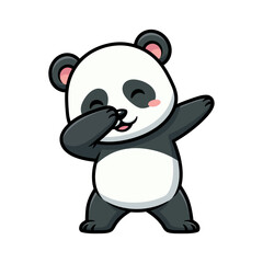 Cute cartoon panda doing dab pose, black and white fur, closed eyes, pink cheeks, smiling, simple thick outline, adorable vector on white background.