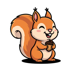 Cute cartoon squirrel holding an acorn, orange-brown fur with cream belly, fluffy tail curled up, smiling happily with closed eyes, on white background.