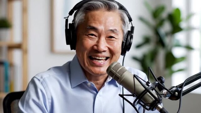A smiling elderly man wearing headphones and speaking into a microphone