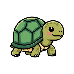 Cute cartoon turtle with big eyes and happy smile, light green body and dark green hexagonal shell, standing front view on white background, simple style.