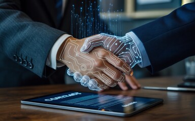 Businessmen shaking hands with digital data overlay, symbolizing technology and partnership