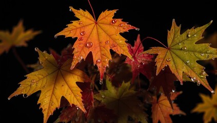 Fototapeta premium Autumn maple leaves with dew drops on vibrant orange and red colors background