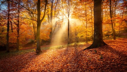 Fototapeta premium Autumn Forest Scenery A Bright Morning In A Colorful Forest With Sunbeams Shining Through Tree Branches Nature Landscapes With Sunlight