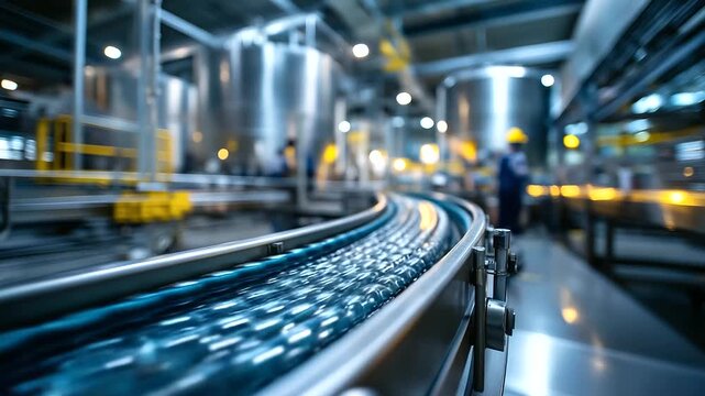 A wide angle perspective of a production hall filled with large silos and automated conveyors workers inspecting machinery with focused expressions polished industrial surfaces