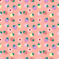 Seamless pattern of cute and colorful strawberries and flowers. Pattern for fabric, textiles, mugs, phone cases, wallpaper, and packaging.