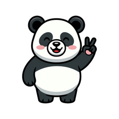 Cute cartoon panda with black and white fur, smiling face, blushing cheeks, standing and making a peace sign, simple adorable style on white background.