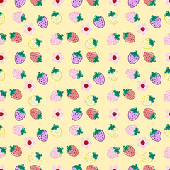 Seamless pattern of cute and colorful strawberries and flowers. Pattern for fabric, textiles, mugs, phone cases, wallpaper, and packaging.