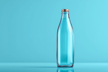 Transparent bottle mockup for beverage with clean design on vibrant blue background ideal for branding and packaging presentation