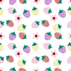 Seamless pattern of cute and colorful strawberries and flowers. Pattern for fabric, textiles, mugs, phone cases, wallpaper, and packaging.