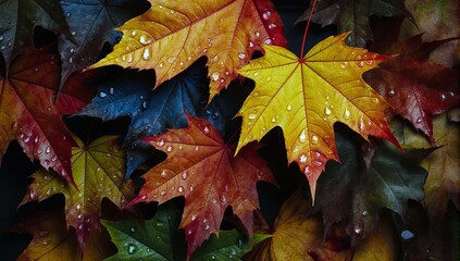 Autumnal maple leaves with water droplets on dark background close up