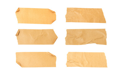 Set of brown adhesive torn tape isolated transparent PNG background, Brown adhesive paper tape isolated on white background.