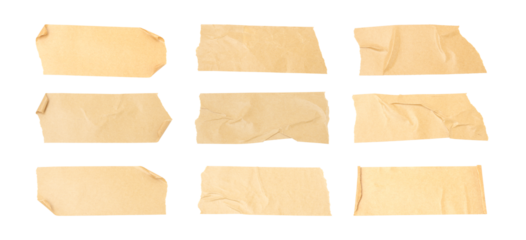 Set of brown adhesive torn tape isolated transparent PNG background, Brown adhesive paper tape isolated on white background.